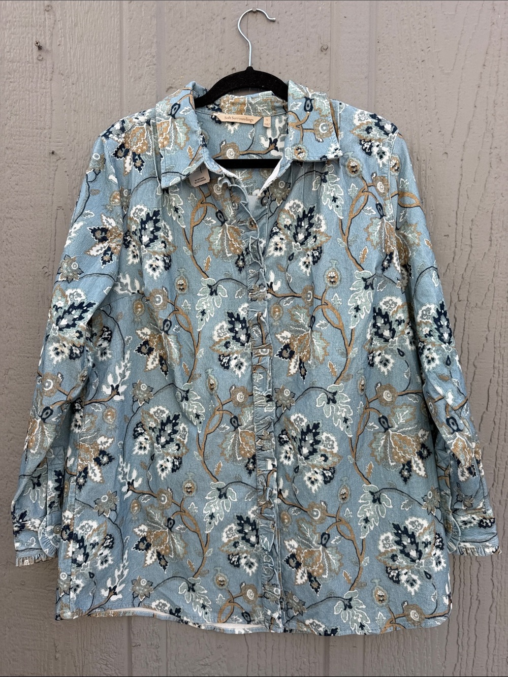 Soft Surroundings Light Blue Floral Corduroy Ruffle Button-Up Shirt Size: L